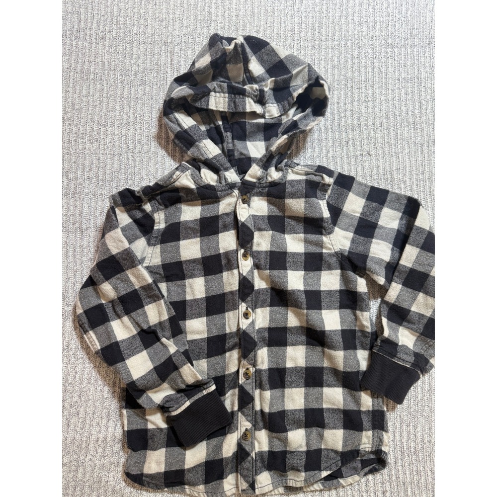 Hanna Andersson Hooded Shirt Kids Size 6-7 Black White Buffalo Check Flannel